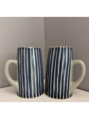 Vintage Japanese Beer Steins Handcrafted Ceramic Blue Striped Tall Mug Rare